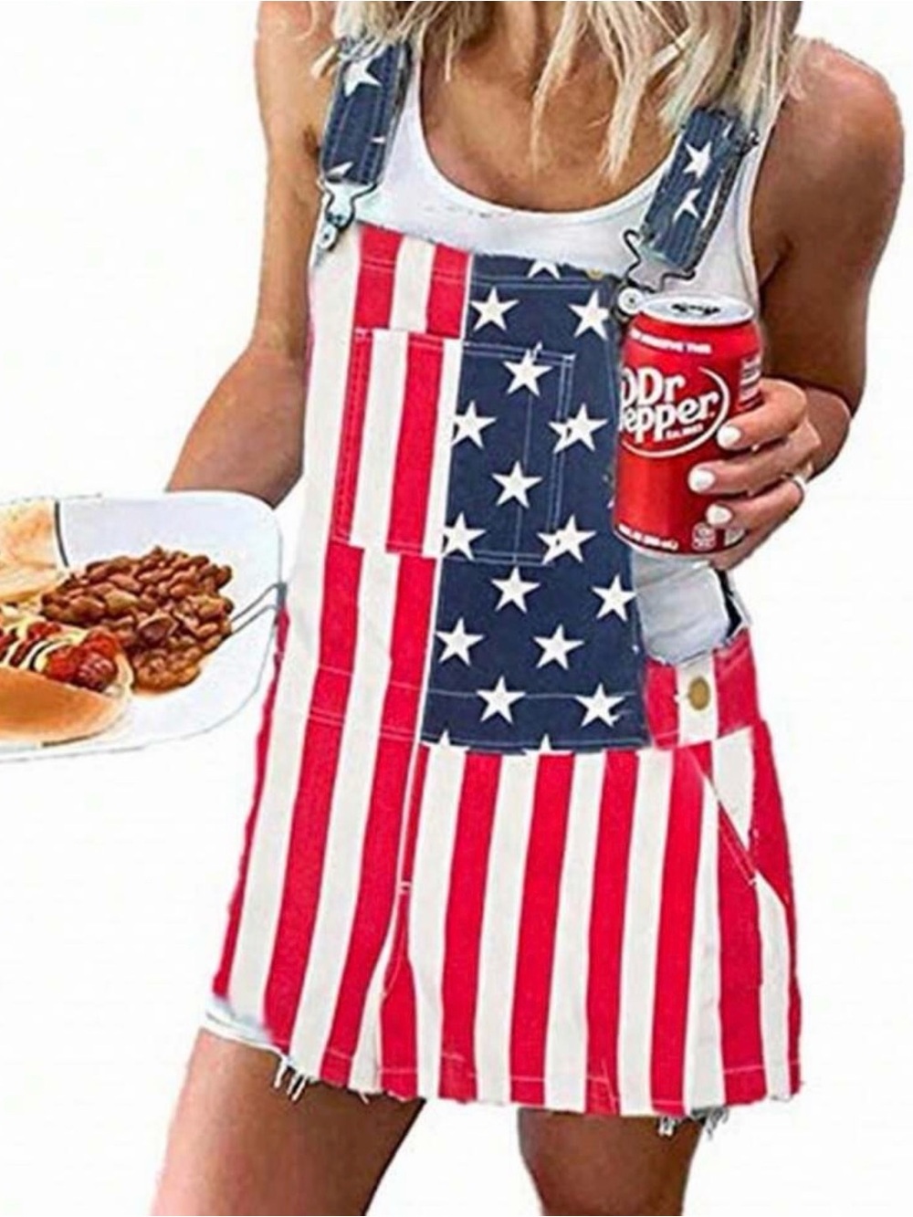 American Flag Denim Overall Dress - Red White Blue
